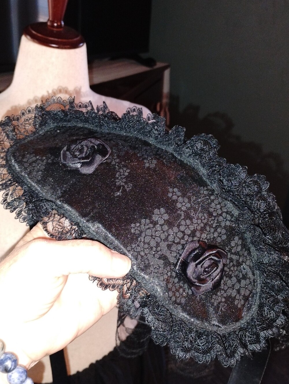 Victorian Mourning Black Lace Decorative Headpiece with Rosettes